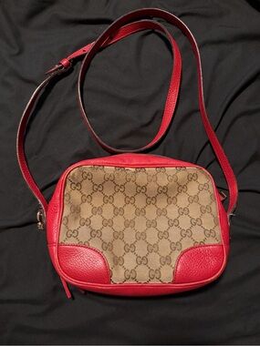 Gucci Beige GG Canvas Crossbody with Red Leather Trim